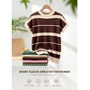image:imageEVALESS Womens Striped Short Sleeve Knit Sweater Top  Crew Neck SweatersCap Sleeve PulloverRelax Fit Soft Color BlockFall Outfits Business CasualLayered Blouses or T ShirtsApricot