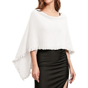 image:imageEVALESS Womens Lightweight Knit Poncho Sweater Elegant Ruffle Hem Fall Tops  Wool Blend Boat Neck Pullover Top Ladies Casual Warm Winter Outfits Airplane Shawl Wrap Formal Evening Dresses AccessoriesWhite