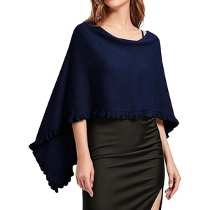 image:imageEVALESS Womens Lightweight Knit Poncho Sweater Elegant Ruffle Hem Fall Tops  Wool Blend Boat Neck Pullover Top Ladies Casual Warm Winter Outfits Airplane Shawl Wrap Formal Evening Dresses AccessoriesDark Blue