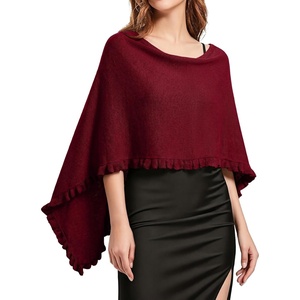 image:imageEVALESS Womens Lightweight Knit Poncho Sweater Elegant Ruffle Hem Fall Tops  Wool Blend Boat Neck Pullover Top Ladies Casual Warm Winter Outfits Airplane Shawl Wrap Formal Evening Dresses AccessoriesBurgundy