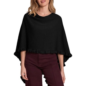 image:imageEVALESS Womens Lightweight Knit Poncho Sweater Elegant Ruffle Hem Fall Tops  Wool Blend Boat Neck Pullover Top Ladies Casual Warm Winter Outfits Airplane Shawl Wrap Formal Evening Dresses AccessoriesBlack