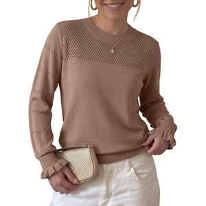 image:imageEVALESS Womens Sweaters Wool Blend Crew Neck Long Sleeve Knit Tops  Fall SweatersLightweight Soft Cozy PulloverHollow Out Ruffle CuffsBusiness Casual Work Office Travel Teacher OutfitsChestnut