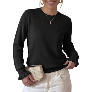 image:imageEVALESS Womens Sweaters Wool Blend Crew Neck Long Sleeve Knit Tops  Fall SweatersLightweight Soft Cozy PulloverHollow Out Ruffle CuffsBusiness Casual Work Office Travel Teacher OutfitsBlack
