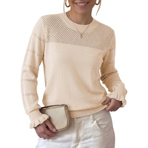 image:imageEVALESS Womens Sweaters Wool Blend Crew Neck Long Sleeve Knit Tops  Fall SweatersLightweight Soft Cozy PulloverHollow Out Ruffle CuffsBusiness Casual Work Office Travel Teacher OutfitsApricot